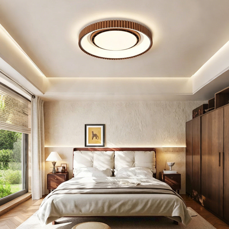 Bladeless Ceiling Fan with Light, Mid-century Modern Style, Walnut Wood Finish, Round Flush Mount, Quiet Indoor Fan for Bedroom, Study & Dining Room