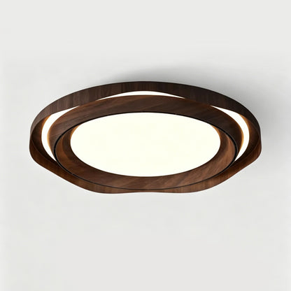 Bladeless Ceiling Fan with Light, Mid-century  Modern Style, Walnut Wood Finish, Round Flush Mount, Quiet Air Circulating Fan for Bedroom