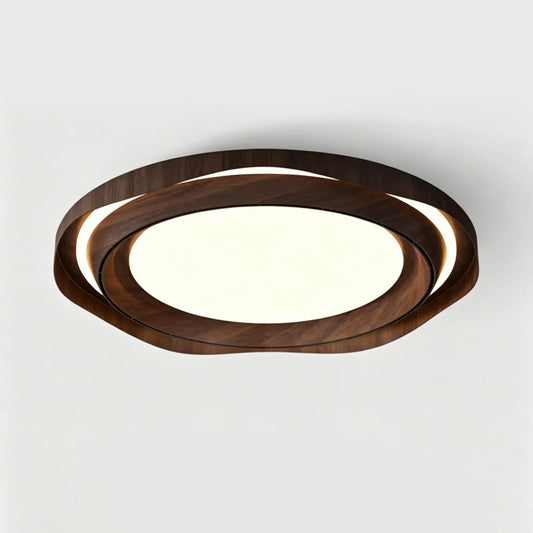 Bladeless Ceiling Fan with Light, Mid-century  Modern Style, Walnut Wood Finish, Round Flush Mount, Quiet Air Circulating Fan for Bedroom