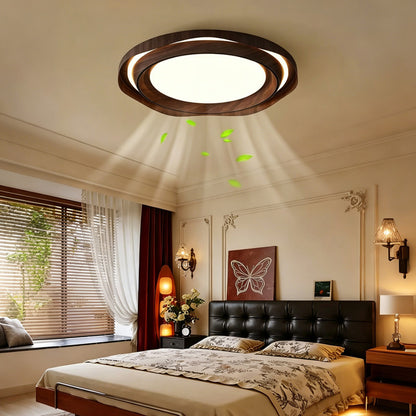 Bladeless Ceiling Fan with Light, Mid-century  Modern Style, Walnut Wood Finish, Round Flush Mount, Quiet Air Circulating Fan for Bedroom