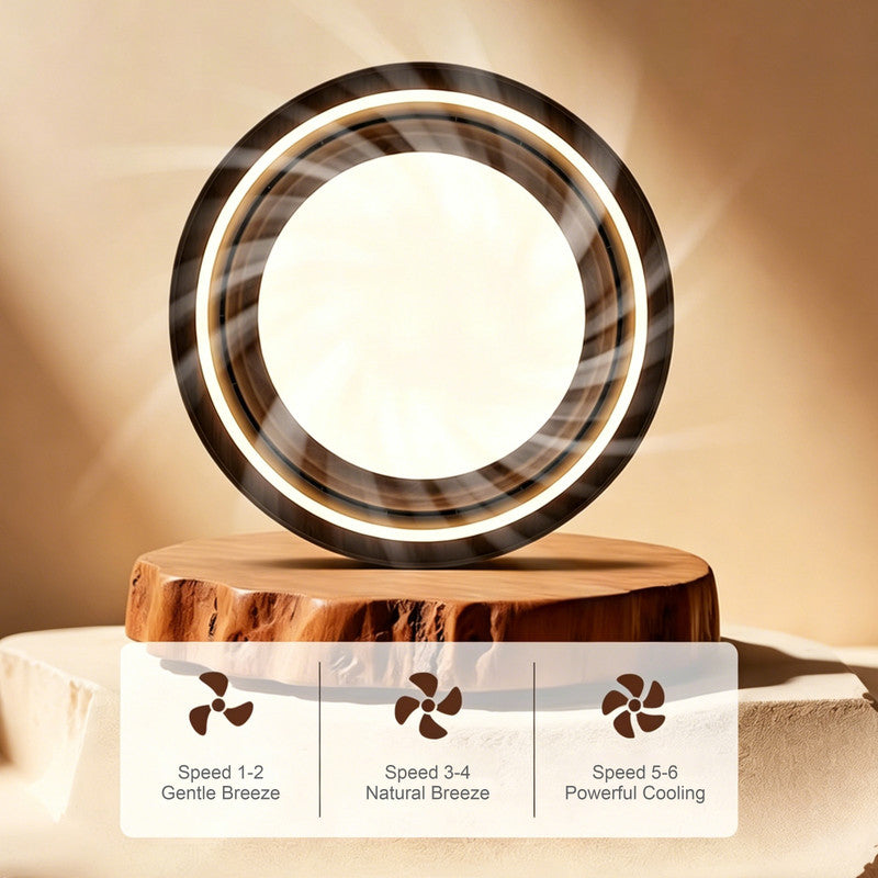 Bladeless Ceiling Fan with Light, Mid-century  Modern Style, Walnut Wood Finish, Round Flush Mount, Quiet Air Circulating Fan for Bedroom