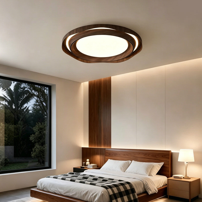 Bladeless Ceiling Fan with Light, Mid-century  Modern Style, Walnut Wood Finish, Round Flush Mount, Quiet Air Circulating Fan for Bedroom