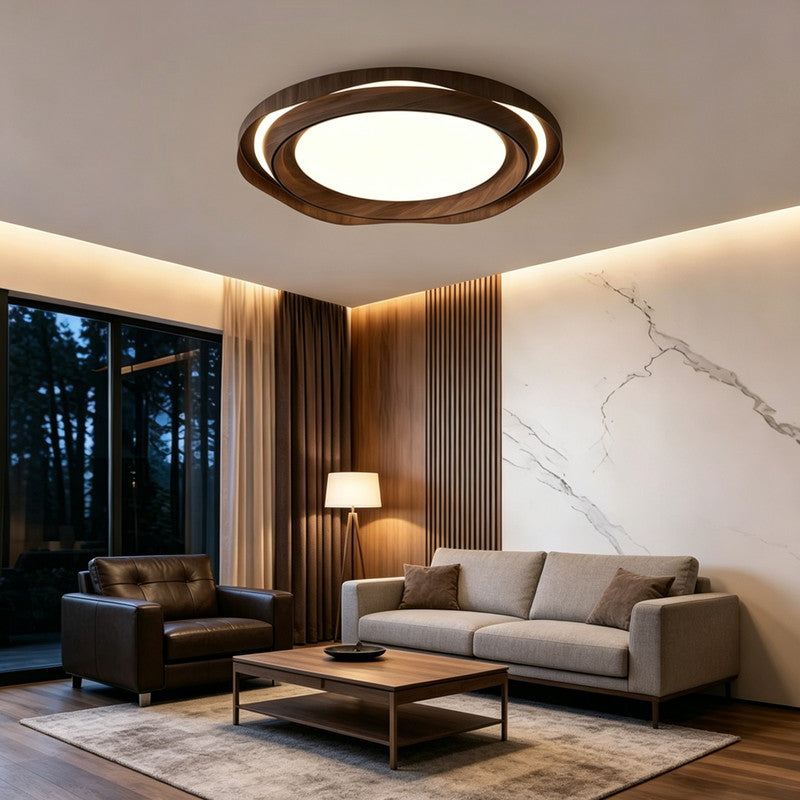 Bladeless Ceiling Fan with Light, Mid-century  Modern Style, Walnut Wood Finish, Round Flush Mount, Quiet Air Circulating Fan for Bedroom
