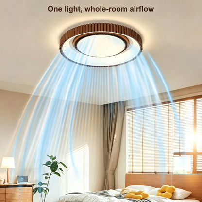 Bladeless Ceiling Fan with Light, Mid-century  Modern Style, Walnut Wood Finish, Round Flush Mount, Quiet Indoor Fan for Bedroom, Study & Dining Room