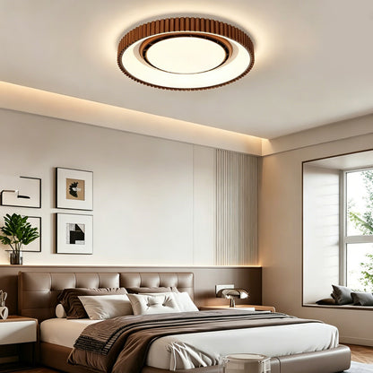 Bladeless Ceiling Fan with Light, Mid-century  Modern Style, Walnut Wood Finish, Round Flush Mount, Quiet Indoor Fan for Bedroom, Study & Dining Room