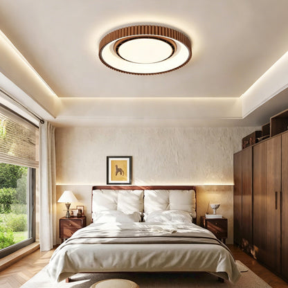 Bladeless Ceiling Fan with Light, Mid-century  Modern Style, Walnut Wood Finish, Round Flush Mount, Quiet Indoor Fan for Bedroom, Study & Dining Room
